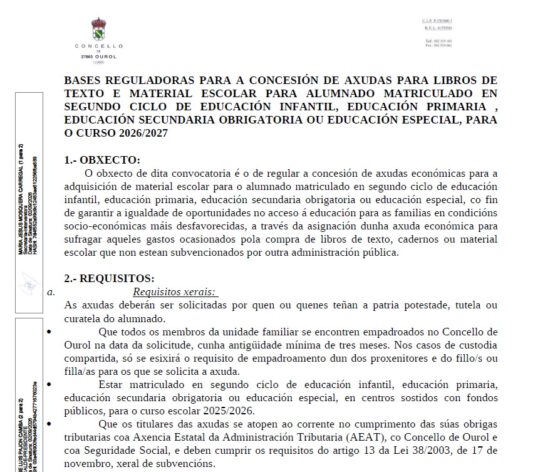 Axudas para libros e material escolar 2026-2027